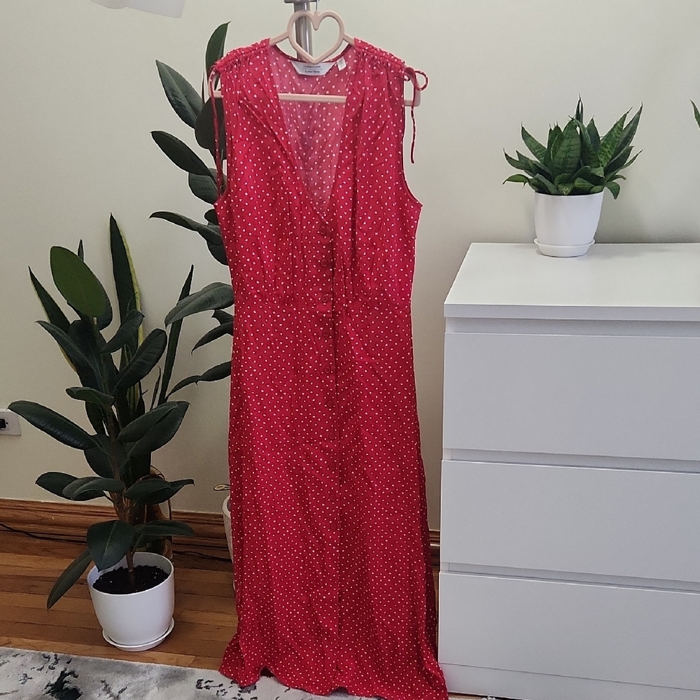 & Other Stories Red and White Patterned Midi Dress Size 2